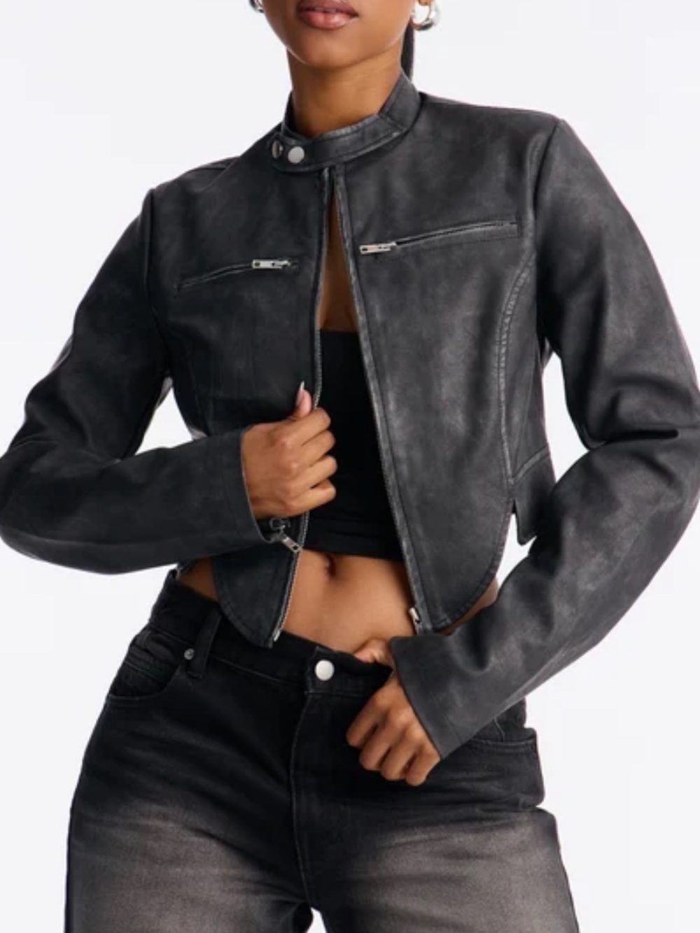 bnwt fashion nova black ines washed cropped leather moto jacket